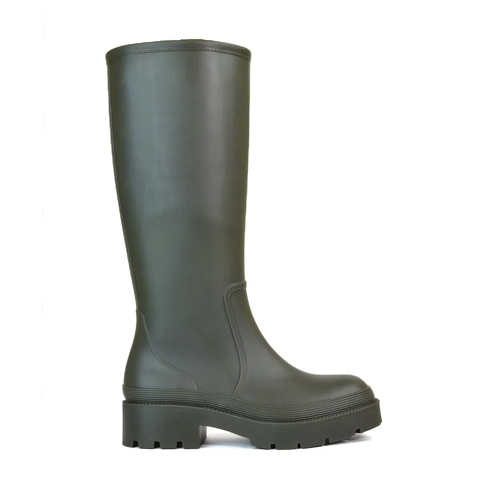 Sonny Flat Chunky Knee High Wellington Boots in Green